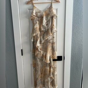 Blu Pepper Marble Print Ruffle Midi Dress in Cream and Tan